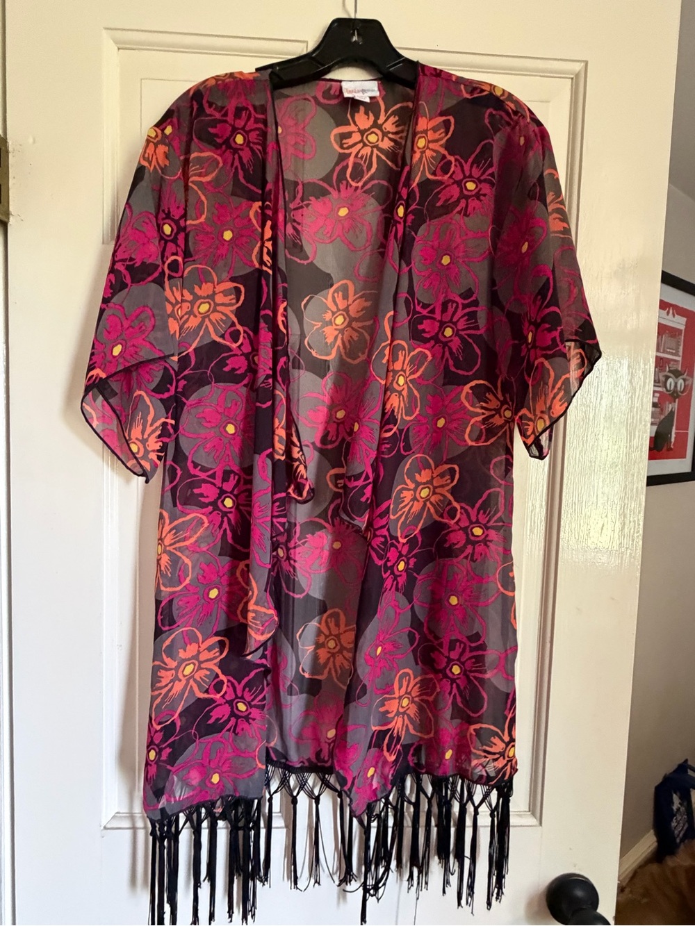 LuLaRoe Sheer Floral Fringe Kimono - Pink, Orange & Yellow